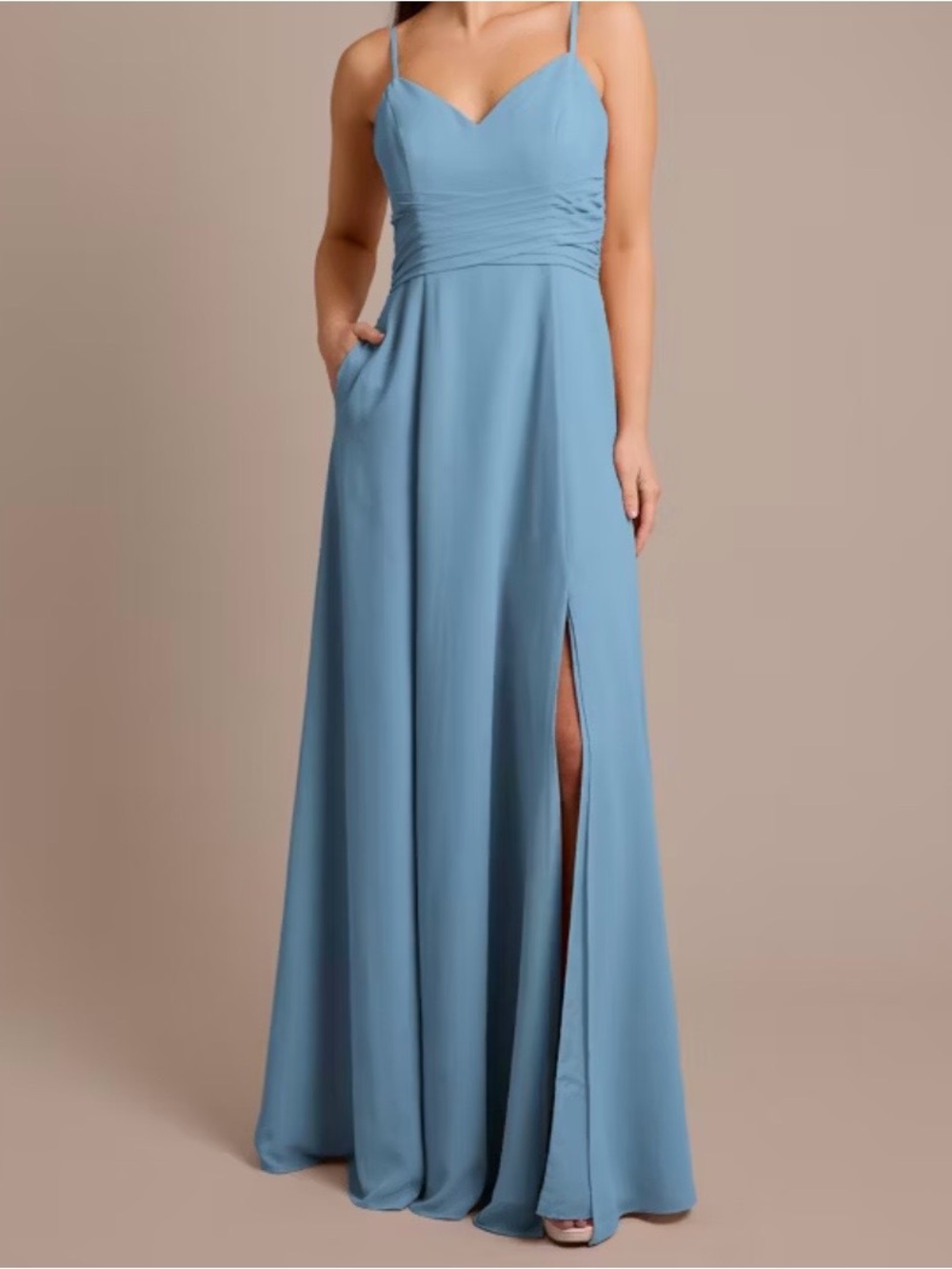 Blue Spaghetti-Strap Chiffon Dress with Side Slit